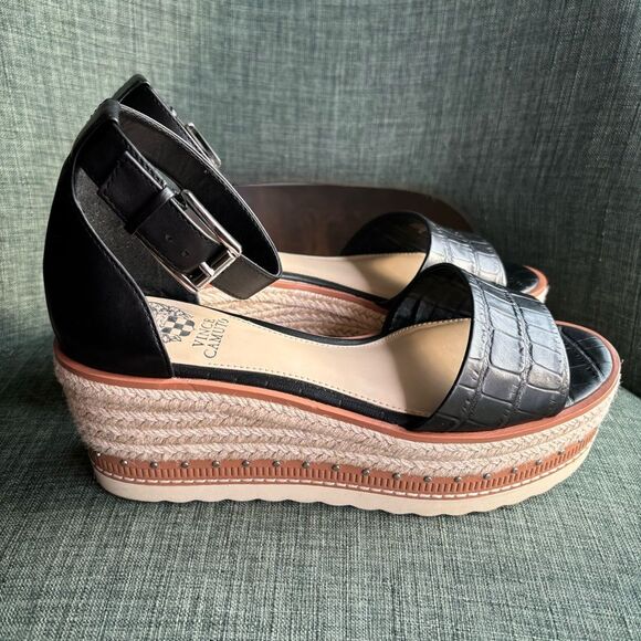 Vince Camuto Women black Platform Ankle Strap Open toe Wedge Sandals size 8 EUC! - Picture 3 of 12
